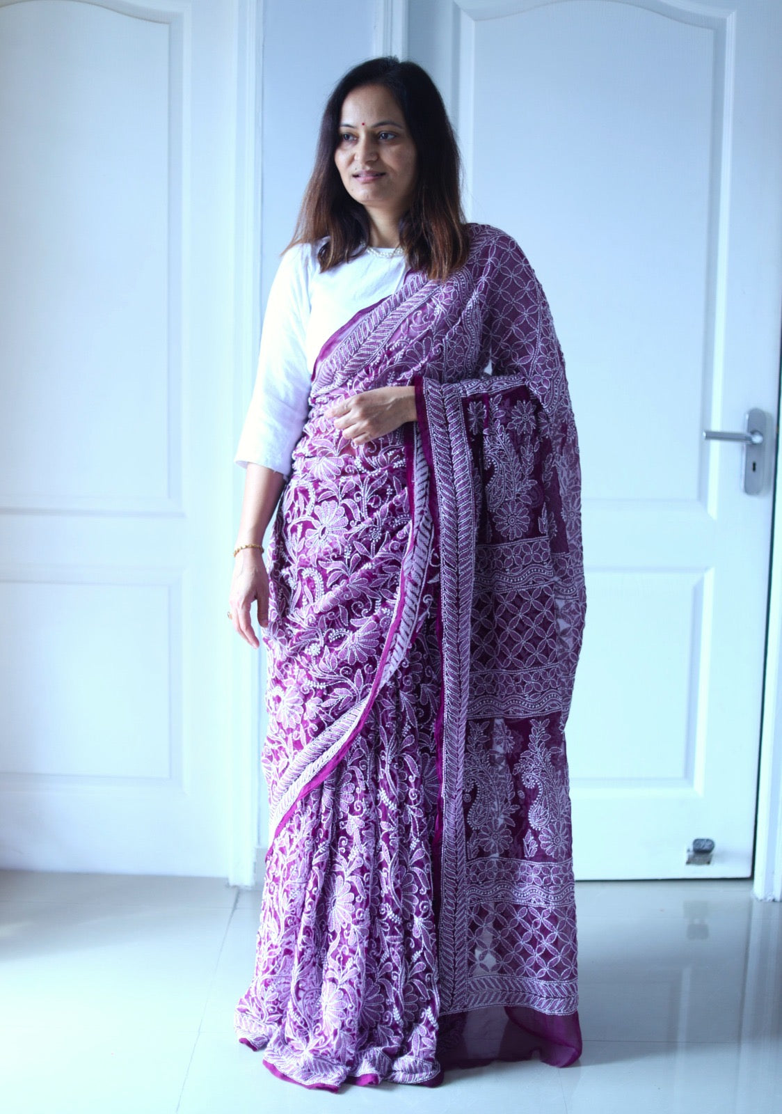 Ultra wine Chikankari Work Hand Embroidered Georgette Saree