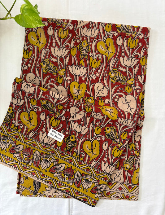 Kalamkari printed malmal cotton Saree with blouse