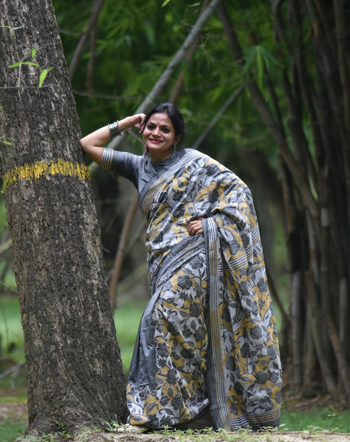 Kantha - Stitch Hand Embroidered Saree | Blended Bangalore Silk / Art Silk | Grey