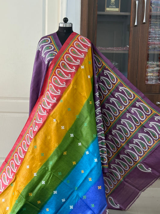 Kutch work/Gujrati stitch Hand Embroidered Pure Tassar Silk Saree