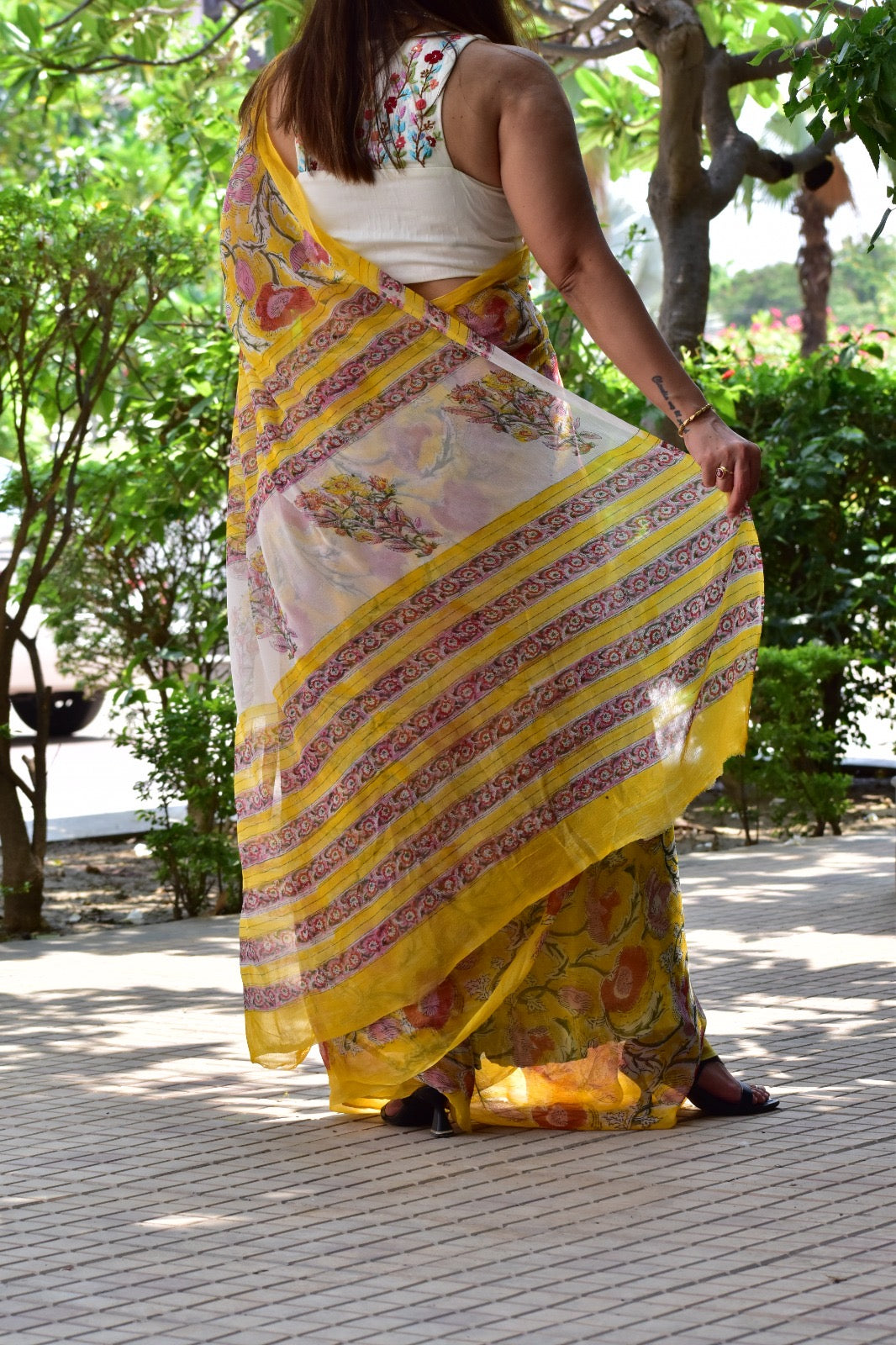 Hand Block Print Saree | Pure Chiffon | Yellow
