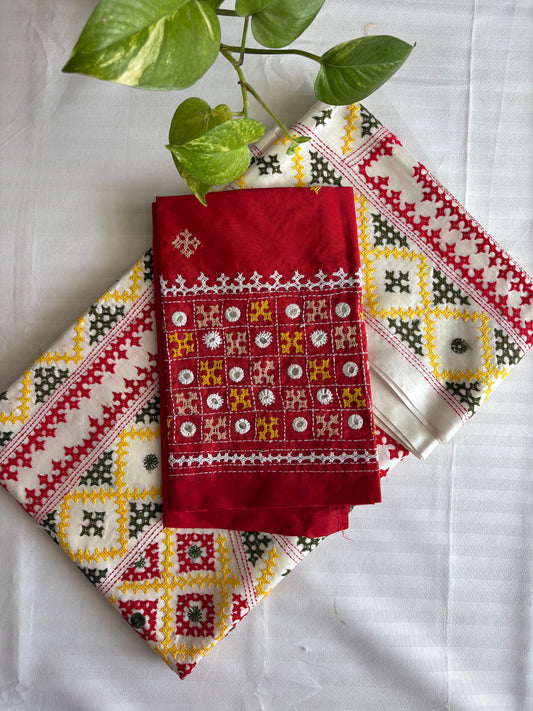 Gujrati Stitch/Kutch Hand Embroidered Art Silk Saree