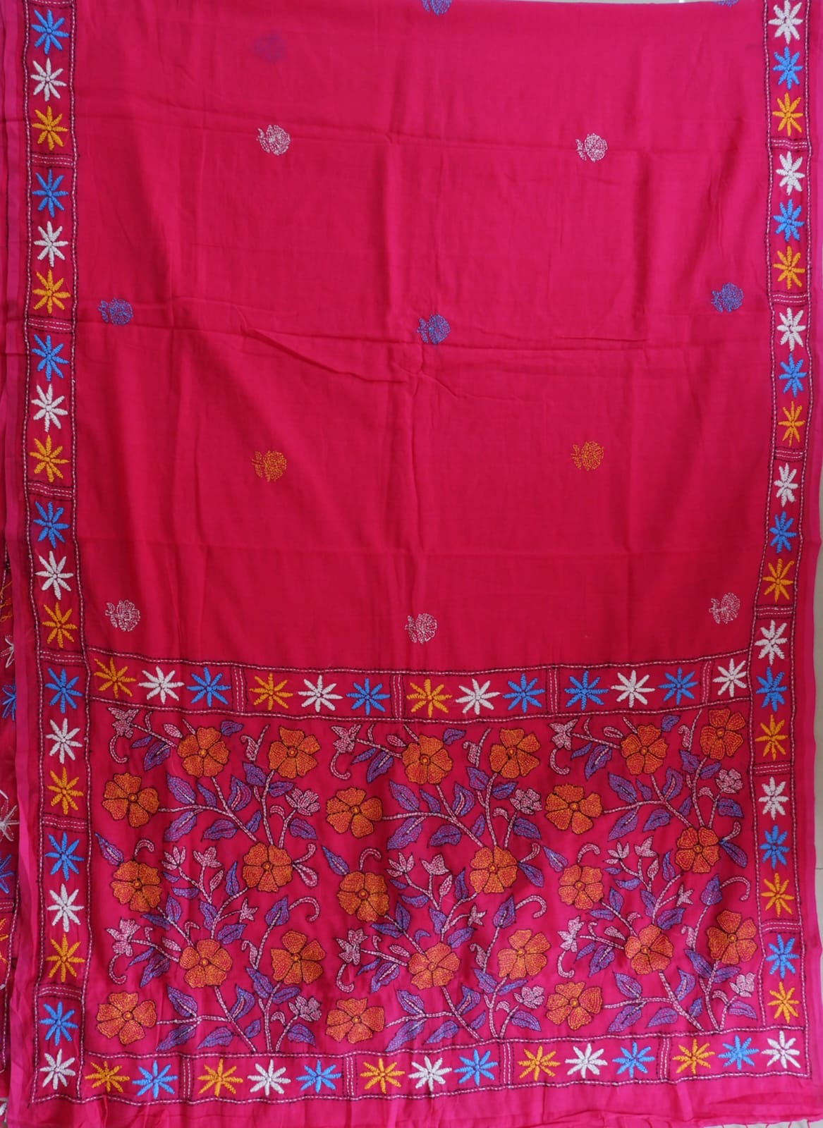 Kantha stitch Hand Embroidered Pure mul Cotton Saree