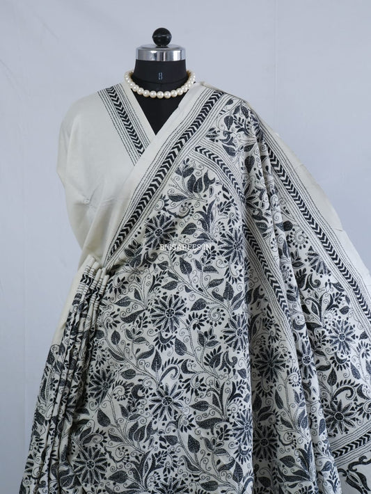 Kantha Stitch Hand Embroidered Saree | Mix Tussar Silk | Off white