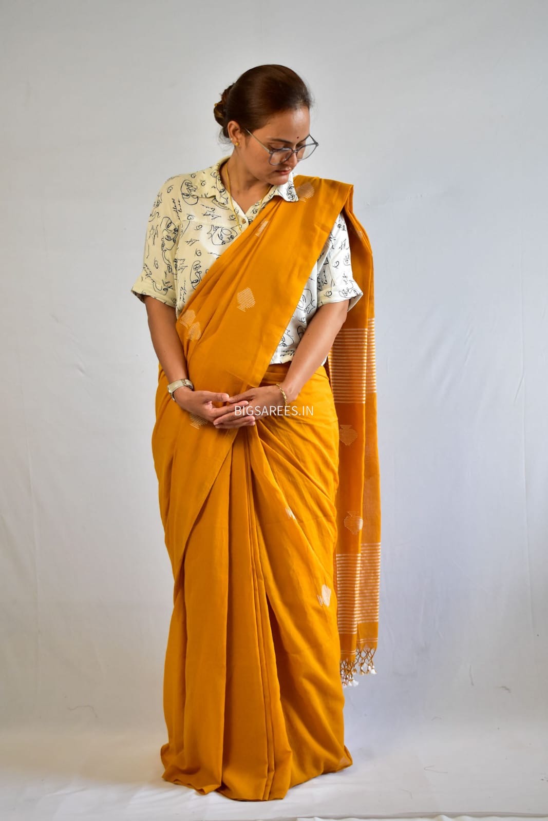 Hand woven Pure Mul Cotton Saree (Handloom Marked) - Mustard