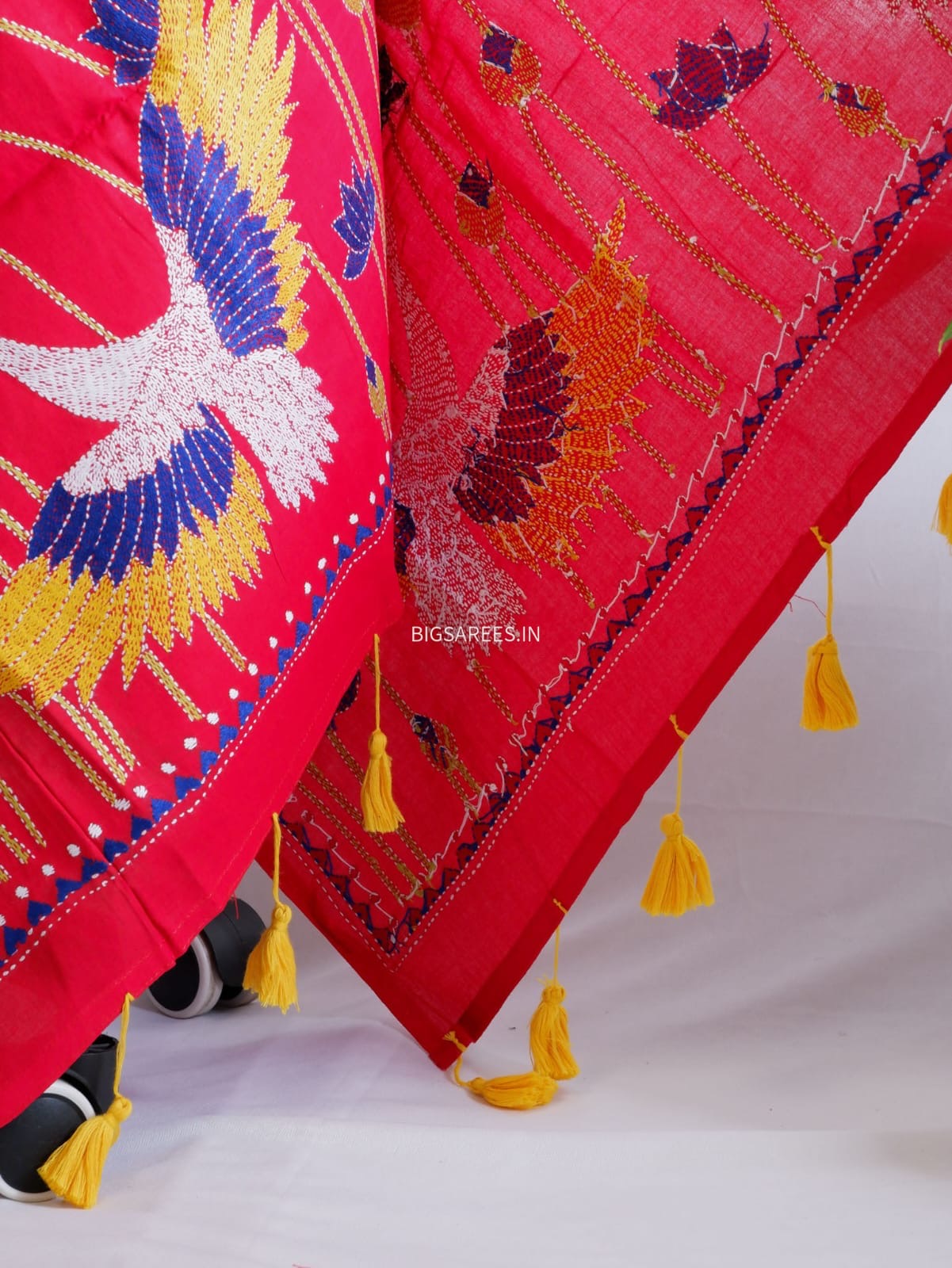 Hand-Embroidered Kantha Stitch Dupatta | Khadi Cotton | Red