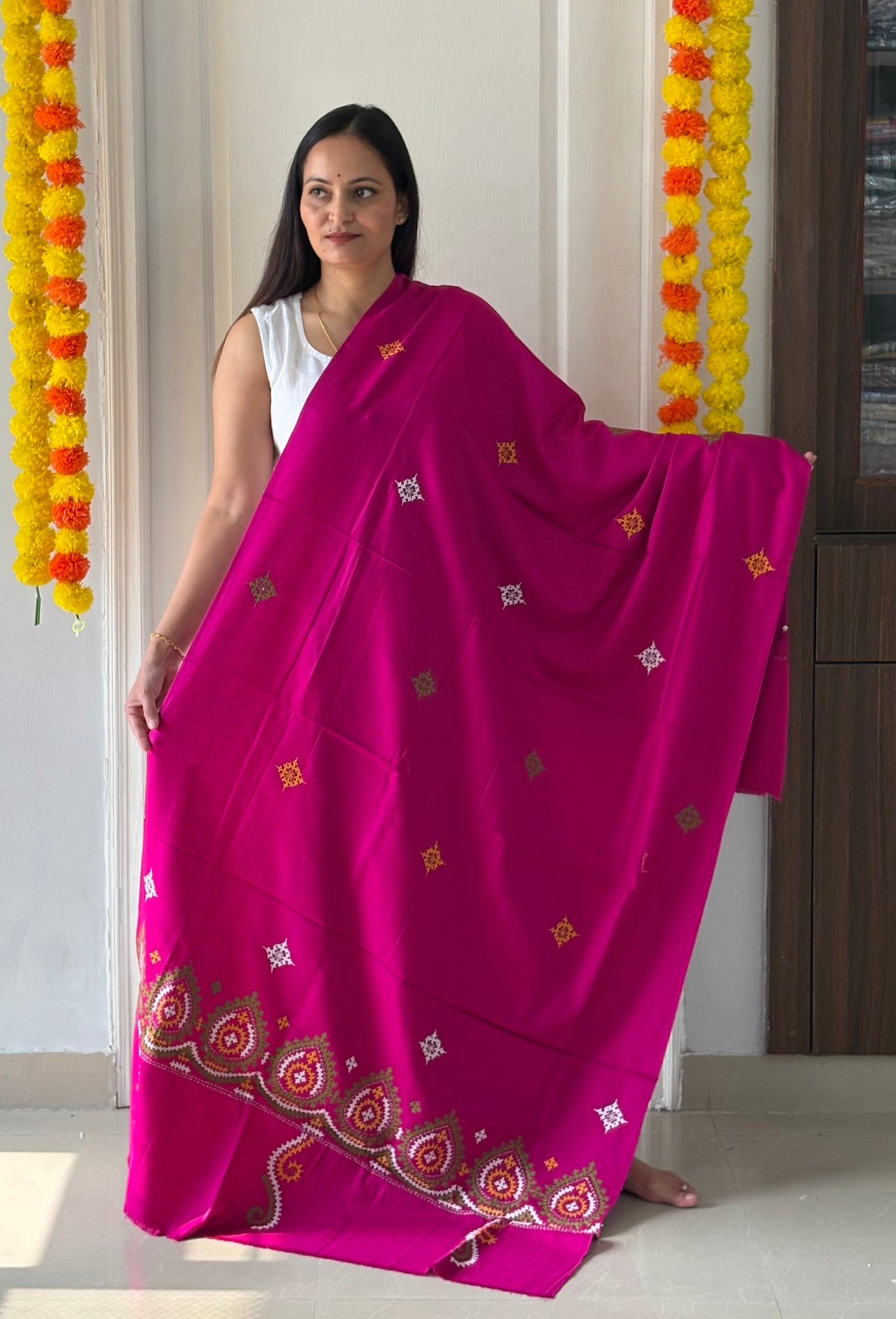 Gujrati Stitch Hand Embroidered Woollen Warm Shawl