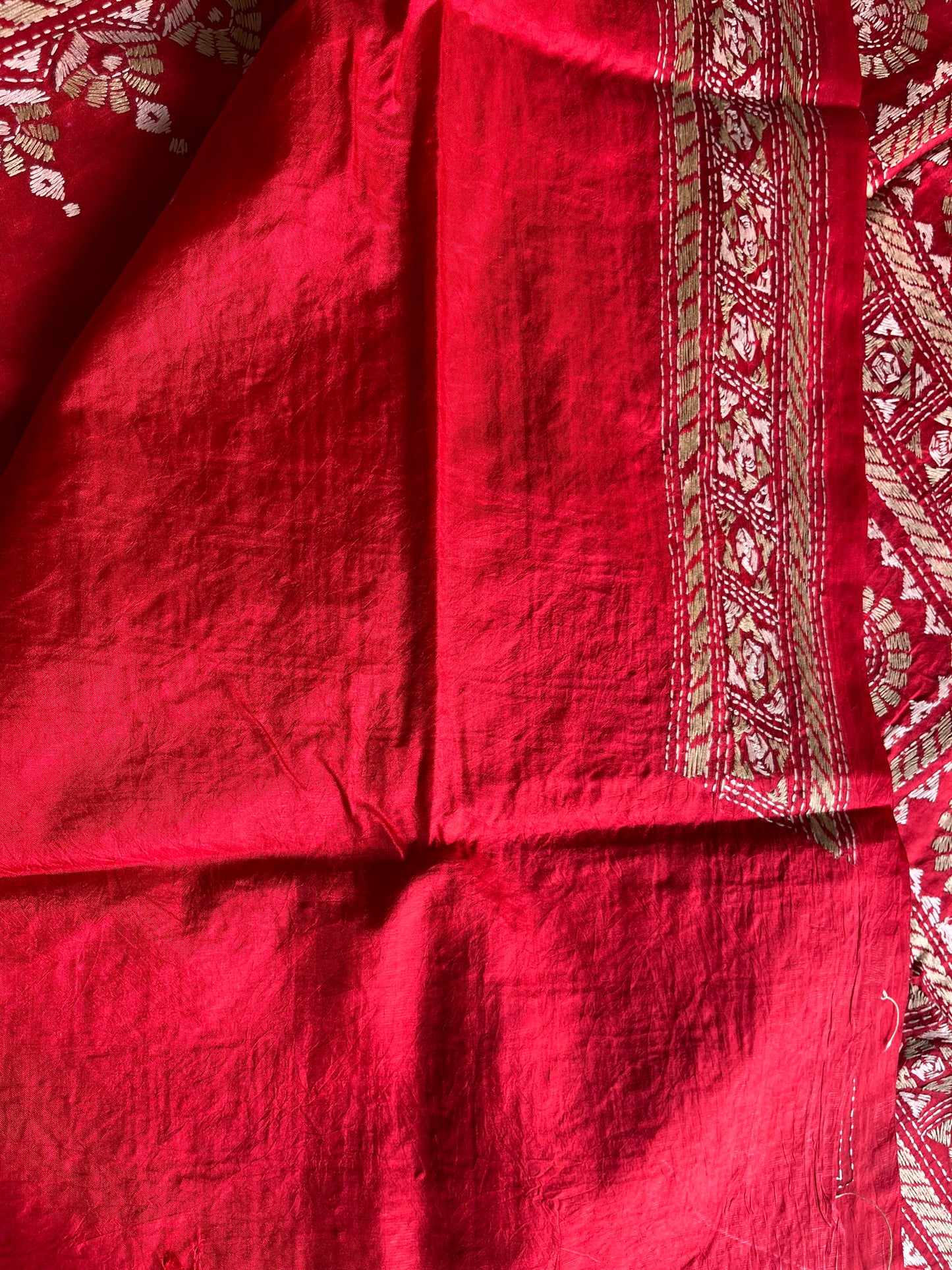 Red Kantha Hand Embroidered Pure Banglore Silk Saree