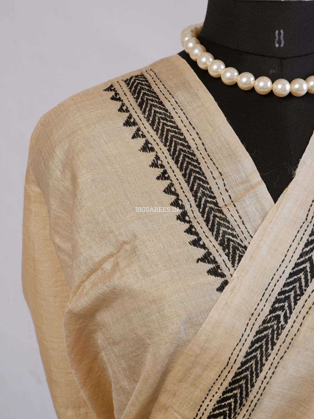 Kantha Stitch Hand Embroidered Saree | Gachi Tussar Silk | Beige