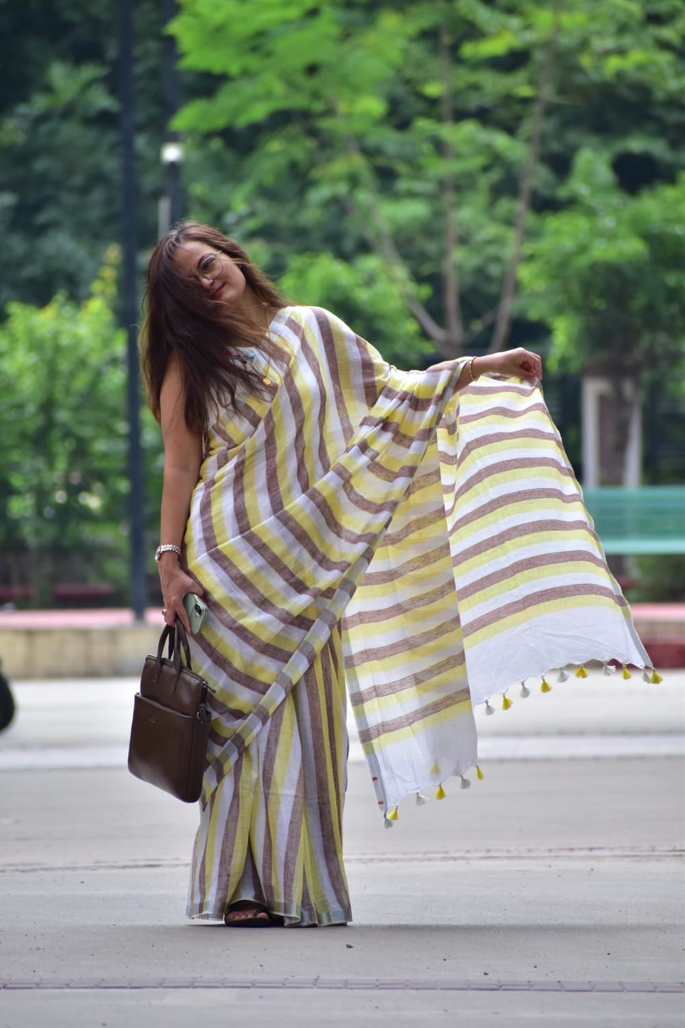 Linen strips Saree with running Blouse | Multicolor