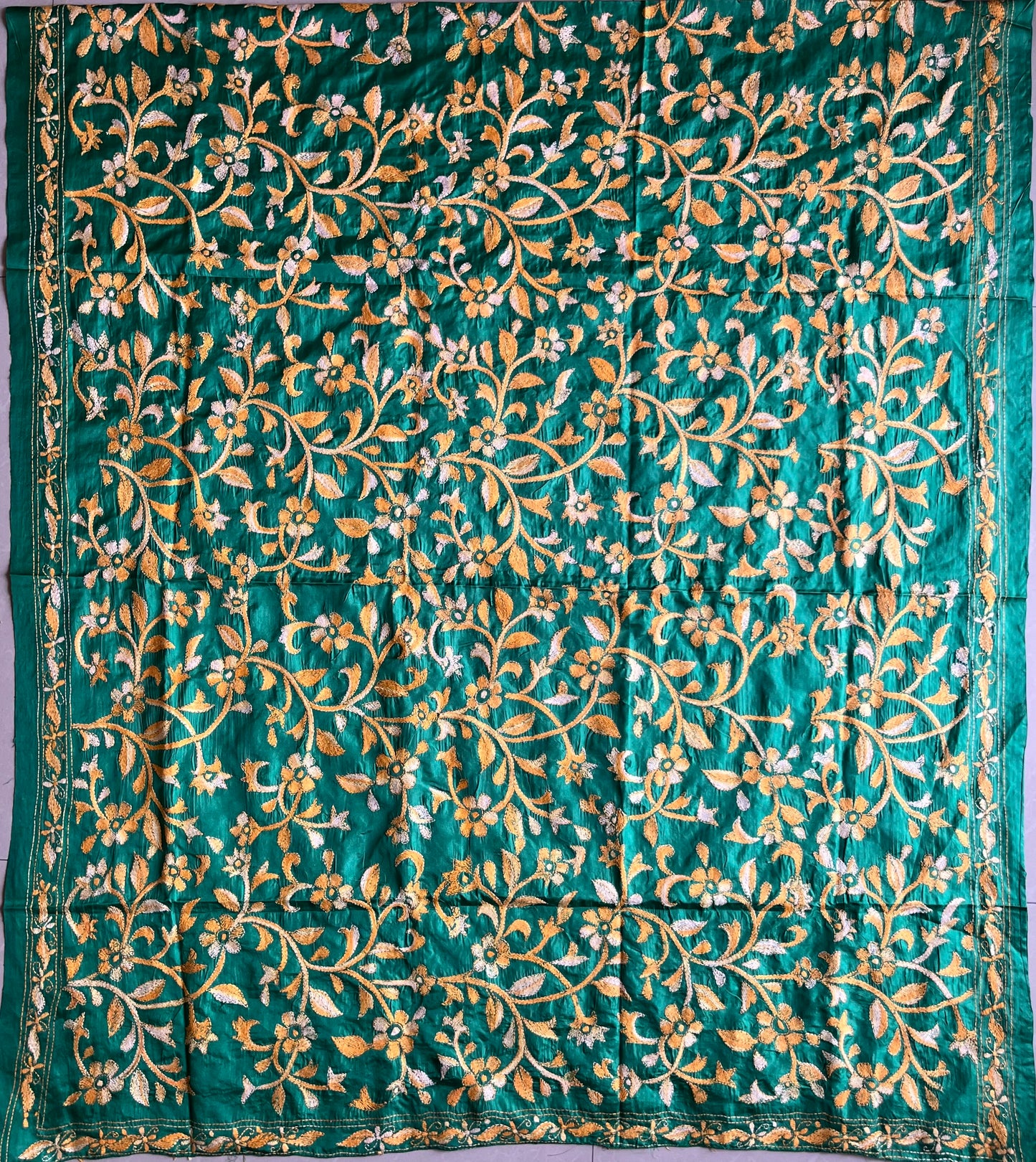 Green Kantha Stitch Hand Embroidary Full Work Blended Banglore Silk Dupatta 44″