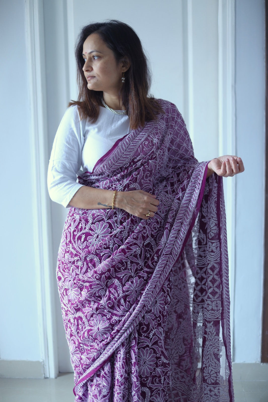 Ultra wine Chikankari Work Hand Embroidered Georgette Saree