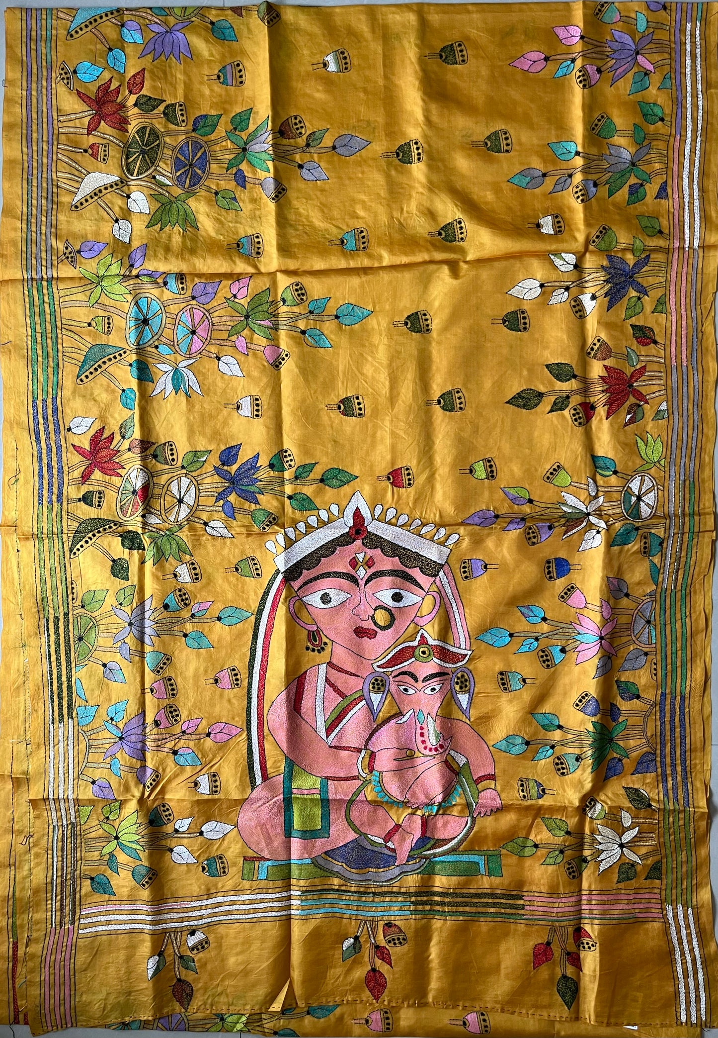 Kantha Hand Embroidered Pure Bangalore Silk Saree (Silk Marked)