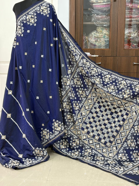 Mirror work Gujrati Stitch/Kutch Hand Embroidered Art Silk Saree