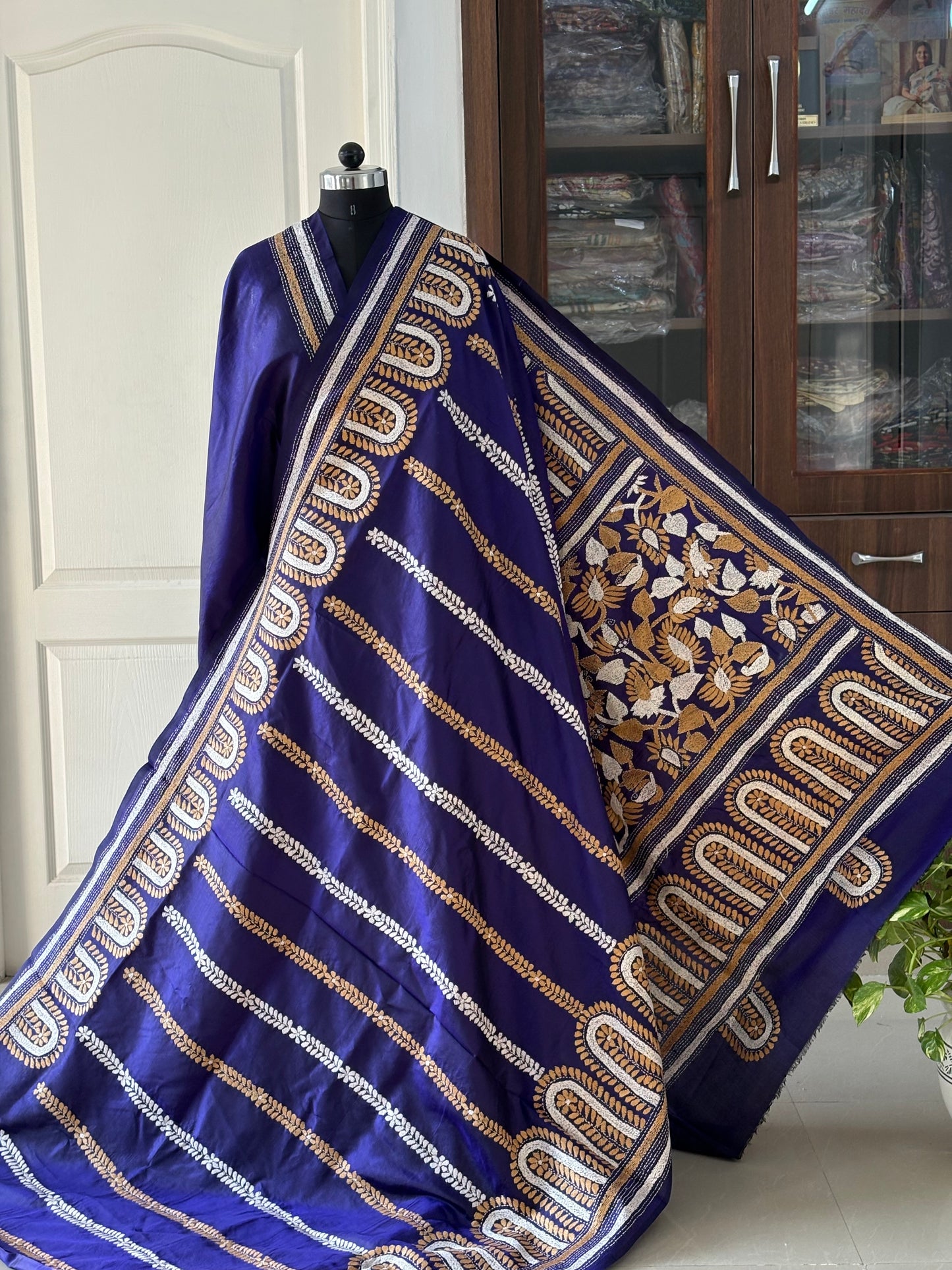 Kantha Stitch Hand Embroidered Pure Banglore Silk Saree