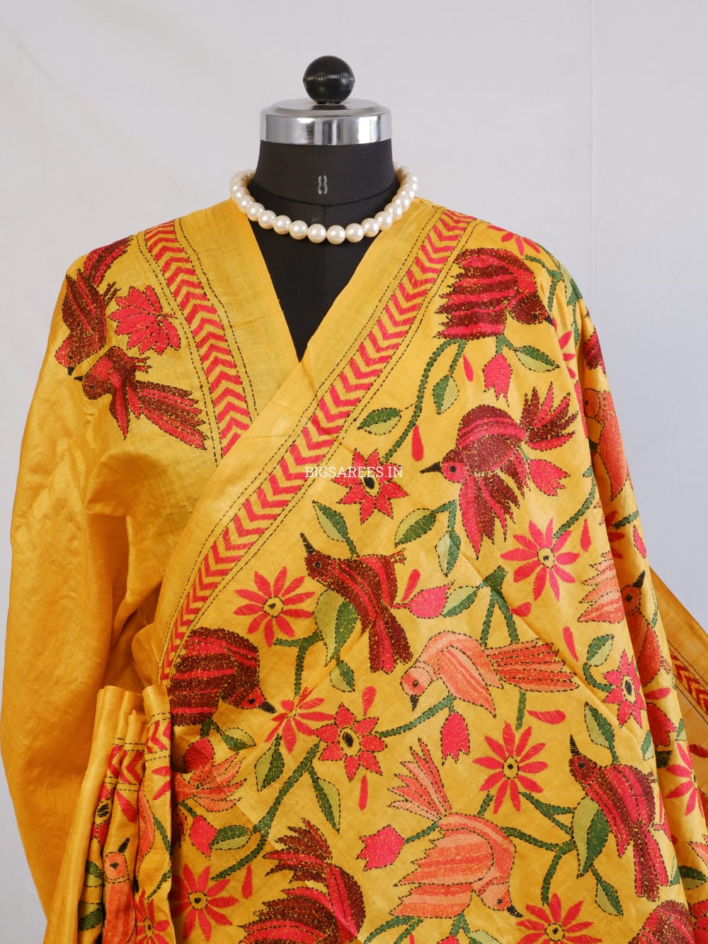 Kantha Stitch Hand Embroidered Saree | Pure Tussar Silk | Silk Mark Certified | Orange