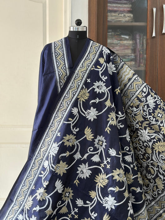 Kantha Hand Embroidered Pure Banglore Silk Saree (Silk Marked)