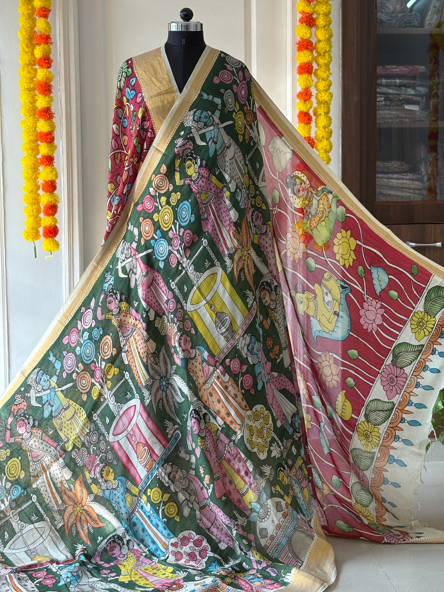 Pen Kalamkari hand painted Banglore Silk Saree with blouse