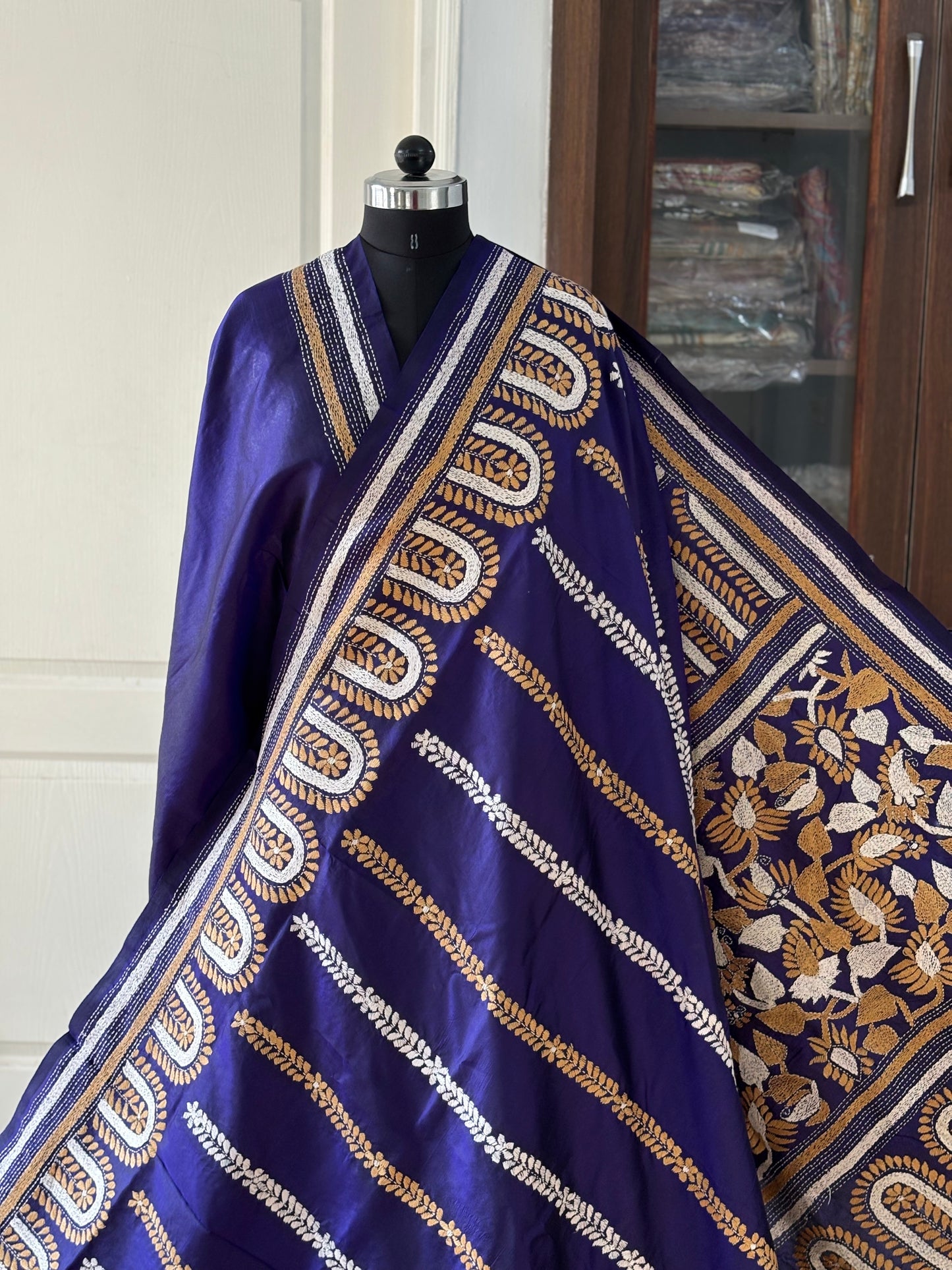 Kantha Stitch Hand Embroidered Pure Banglore Silk Saree