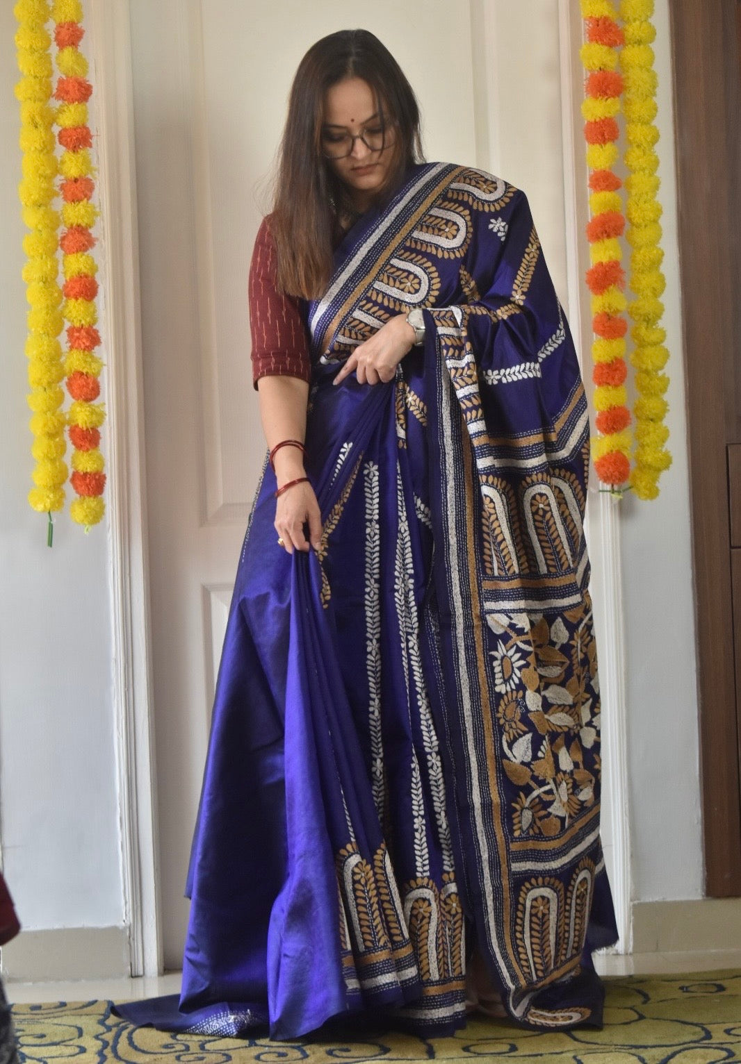 Kantha Stitch Hand Embroidered Pure Banglore Silk Saree