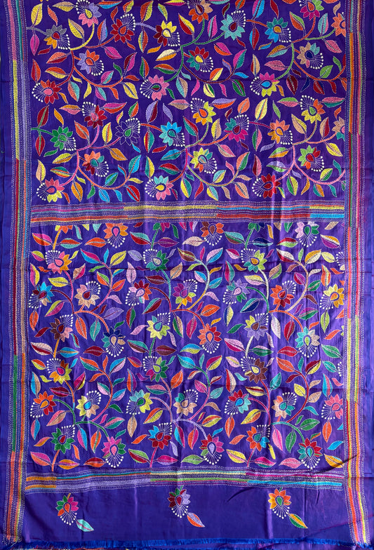 Kantha Hand Embroidered Blended Banglore Silk/Art Silk Saree With Blouse - Purple