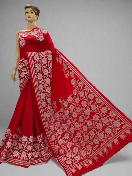 Kantha Stitch Hand Embroidered Pure Banglore Silk Saree (Silk Marked)