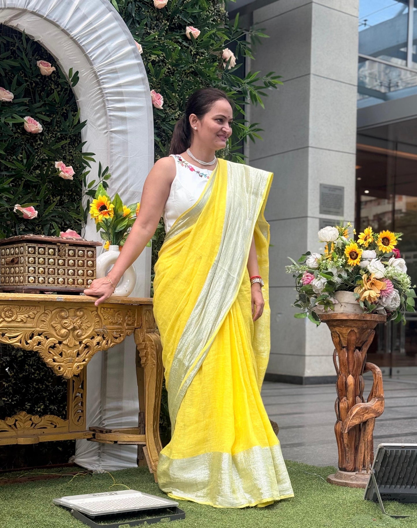 Yellow Silver pure Linen By Linen Saree With running Blouse