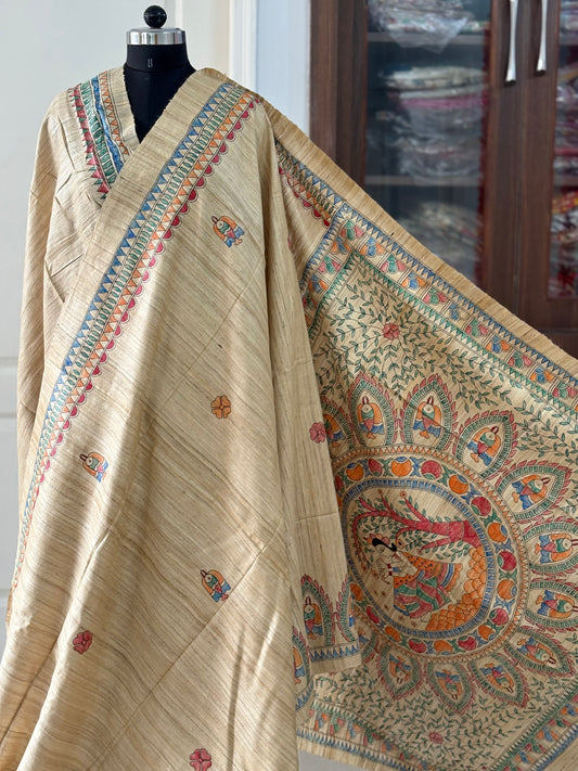 Pure Tussar Ghicha Silk Handcrafted Madhubani Saree (Silk Marked)
