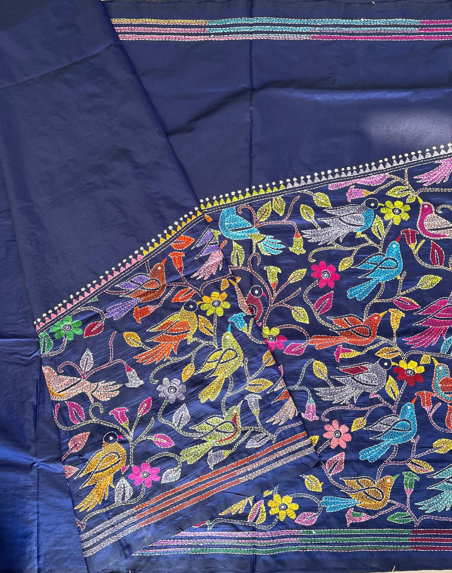 Kantha Hand Embroidered Blended Banglore Silk/Art Silk Saree With Blouse