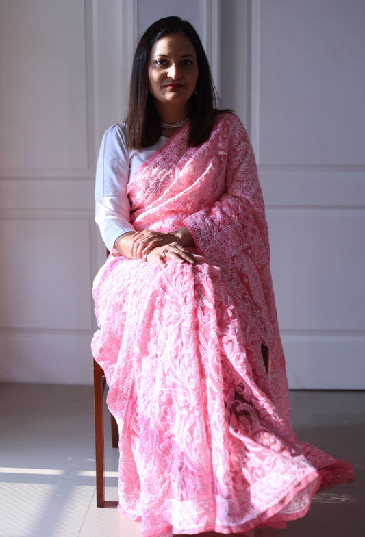 Carrot Pink Georgette Chikankari Work Hand Embroidered Saree