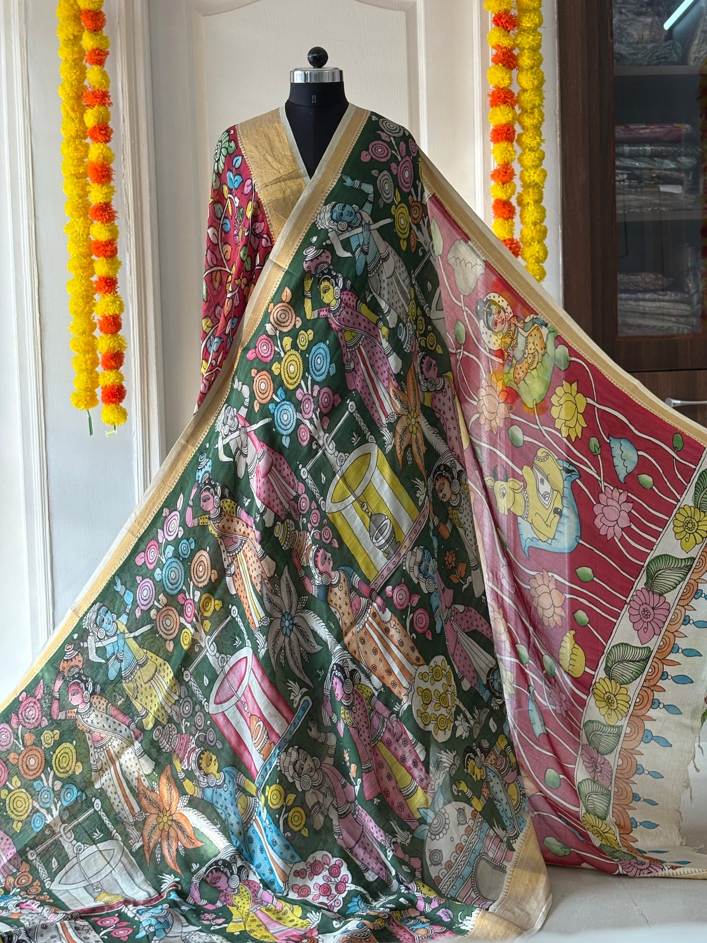 Pen Kalamkari hand painted Banglore Silk Saree with blouse