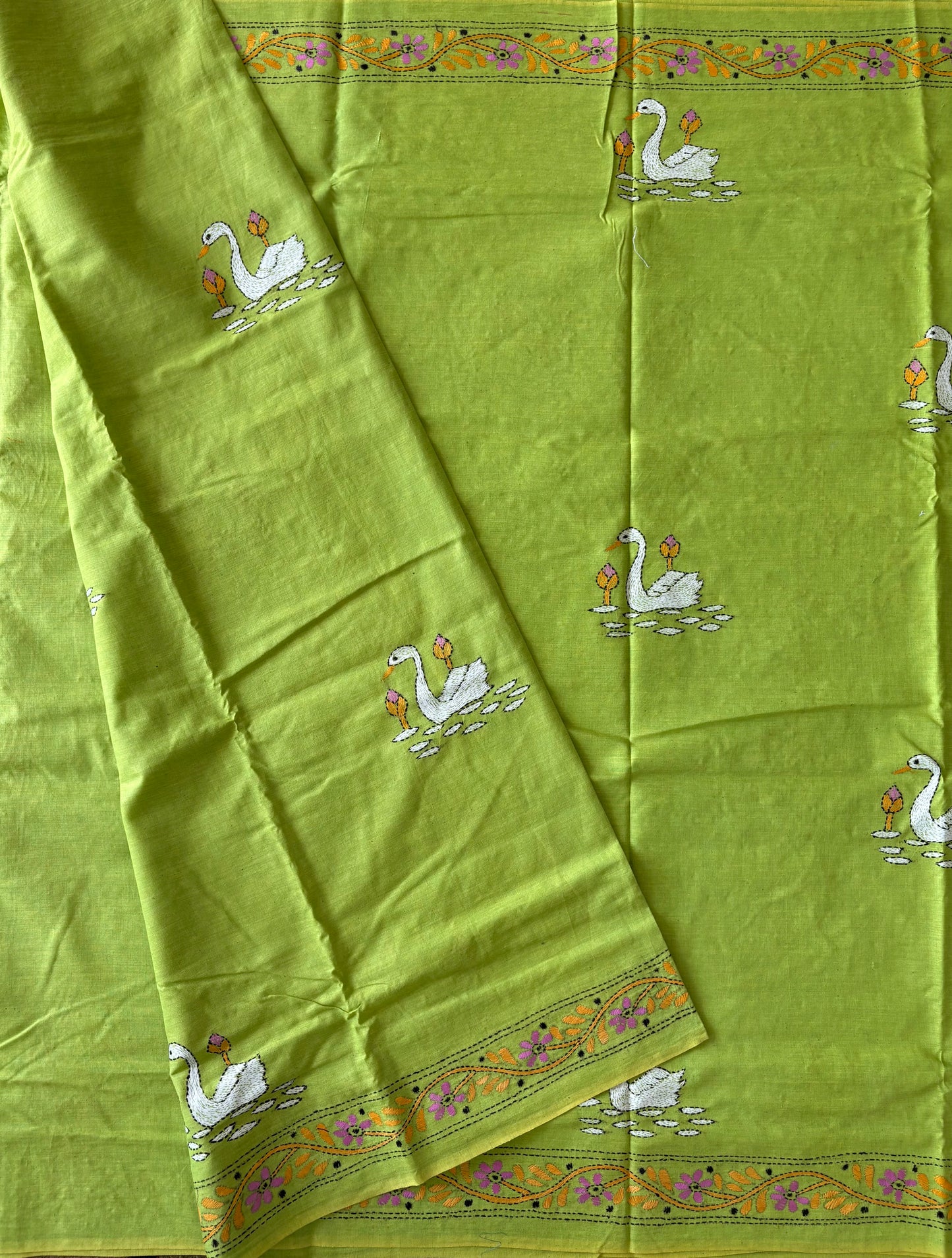 Kantha stitch Khadi Cotton Saree - Green