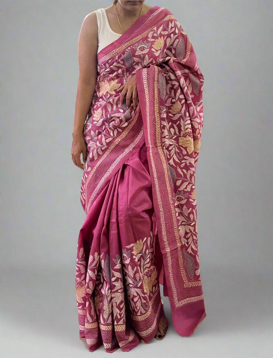 Pink Kantha Hand Embroidered Pure Banglore Silk Saree (Silk Marked)