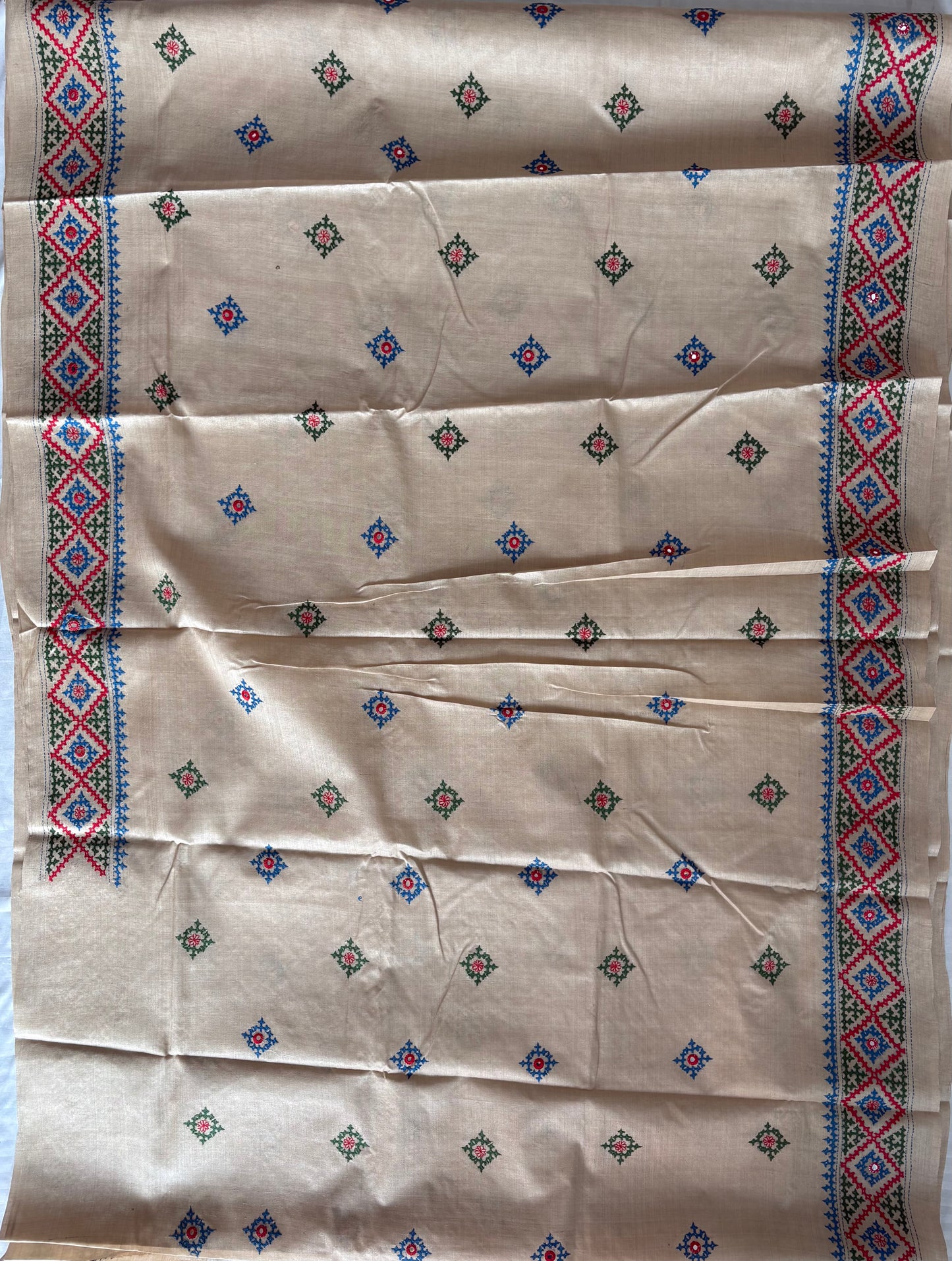 Kutchi Hand Embroidered Saree | Pure Gachi by Gachi Tassar Silk | Silk Marked | Off-White