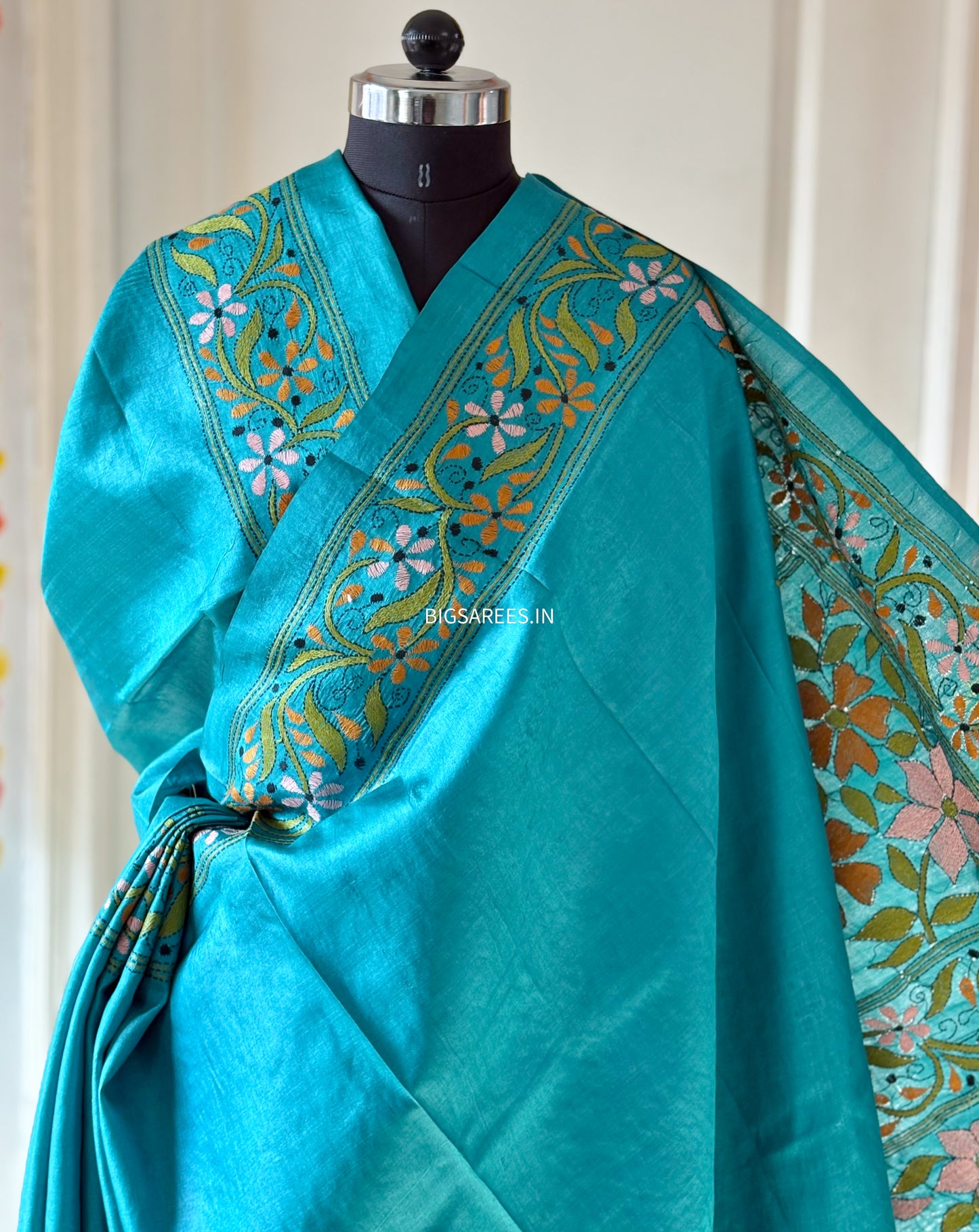 Kantha Hand Embroidered Saree With Blouse | Pure Gachi by Gachi Tussar Silk | Silk Mark Certified | Blue