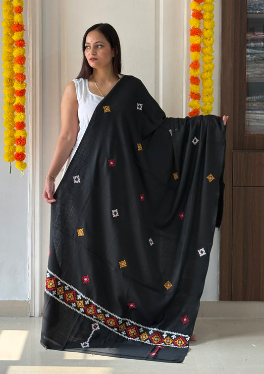 Gujrati Stitch Hand Embroidered Woollen Warm Shawl (Black)