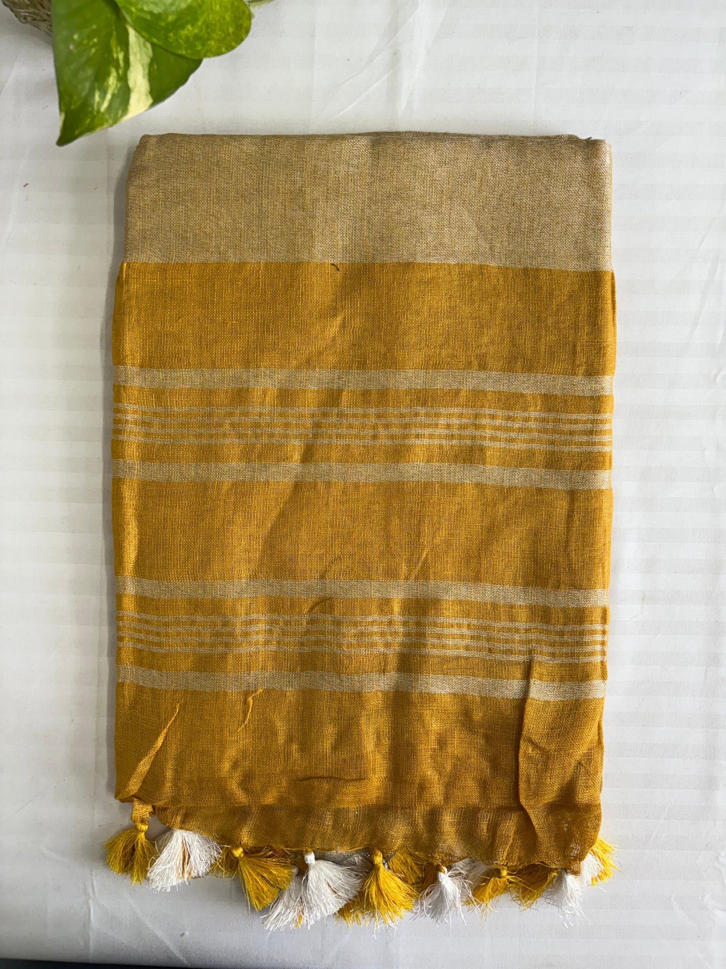 Mustard silver pure Linen By Linen Saree With running Blouse