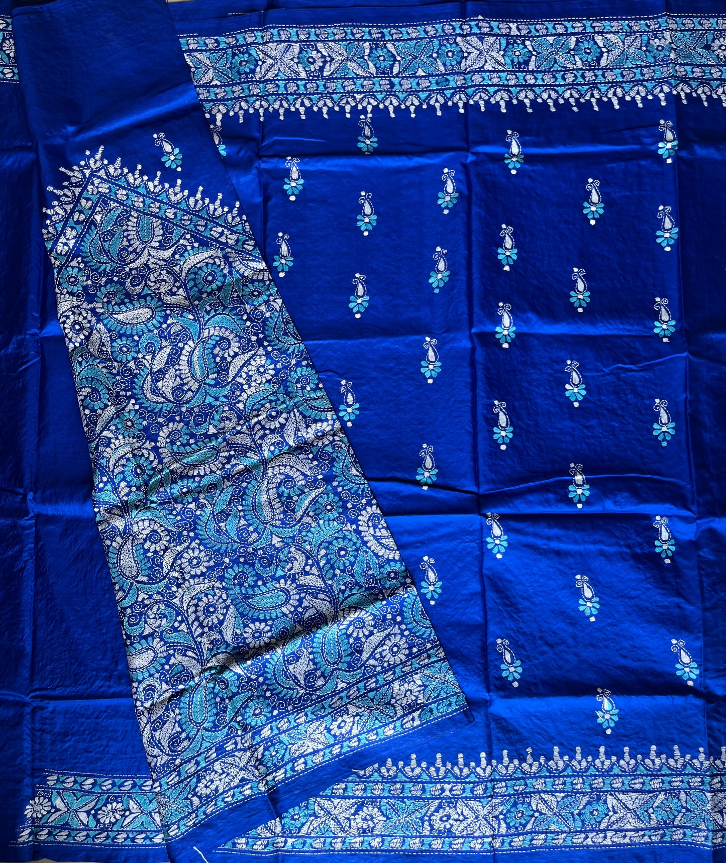 Royal Blue Kantha Hand Embroidered Pure Banglore Silk Saree