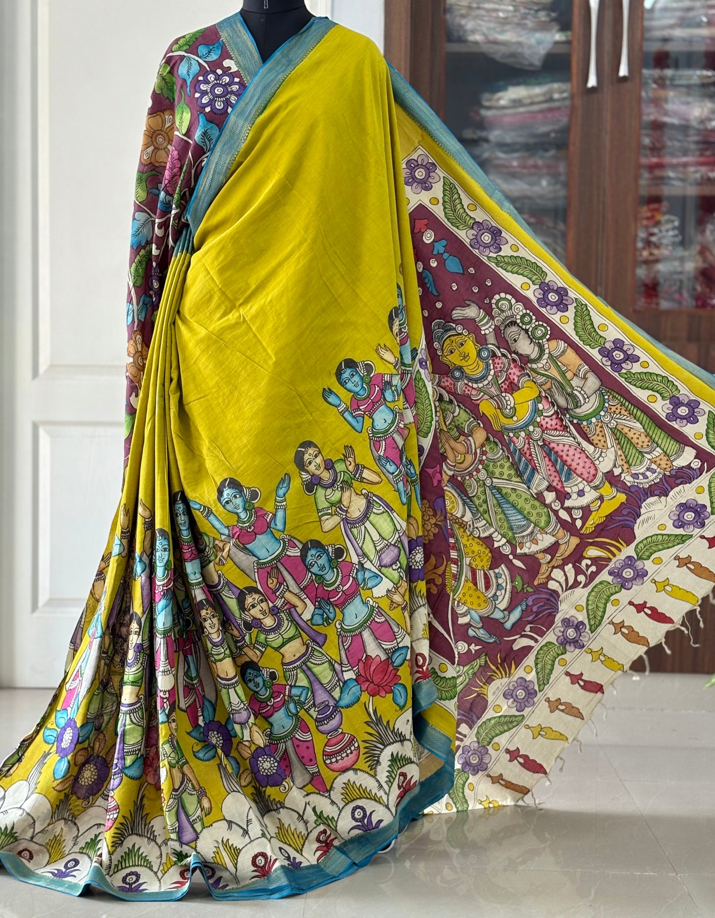 Pen Kalamkari hand painted pure cotton Saree with blouse