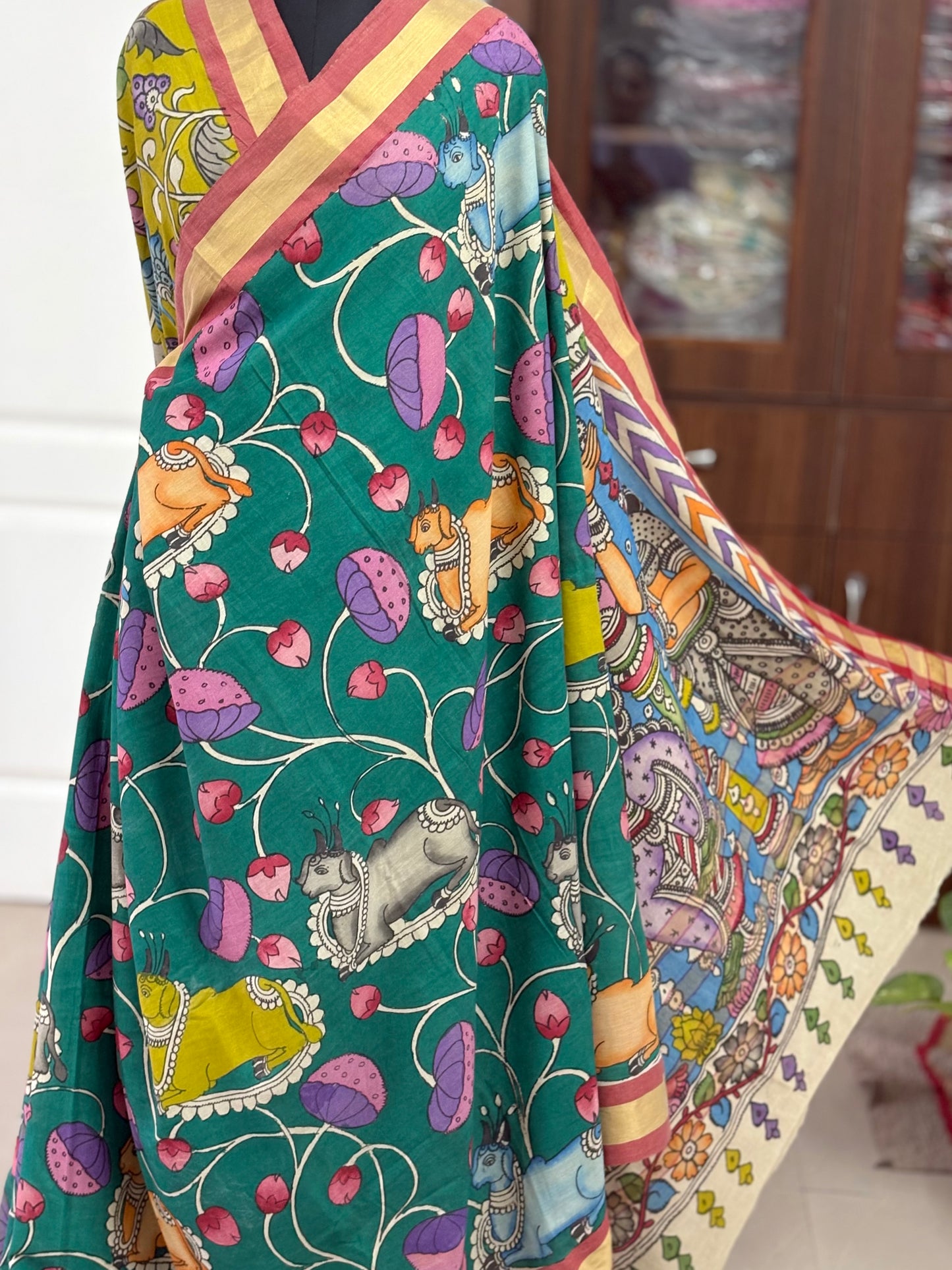Pen Kalamkari hand painted pure cotton Saree with blouse