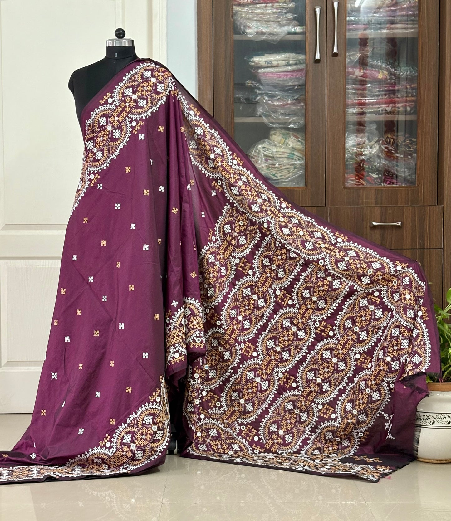 Mirror work Gujrati Stitch/Kutch Hand Embroidered Art Silk Saree