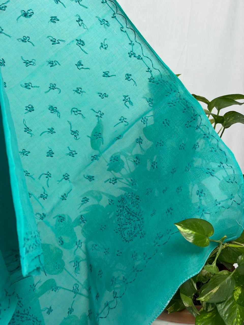 Chikankari Hand-Embroidered Saree | Cotton | Teal