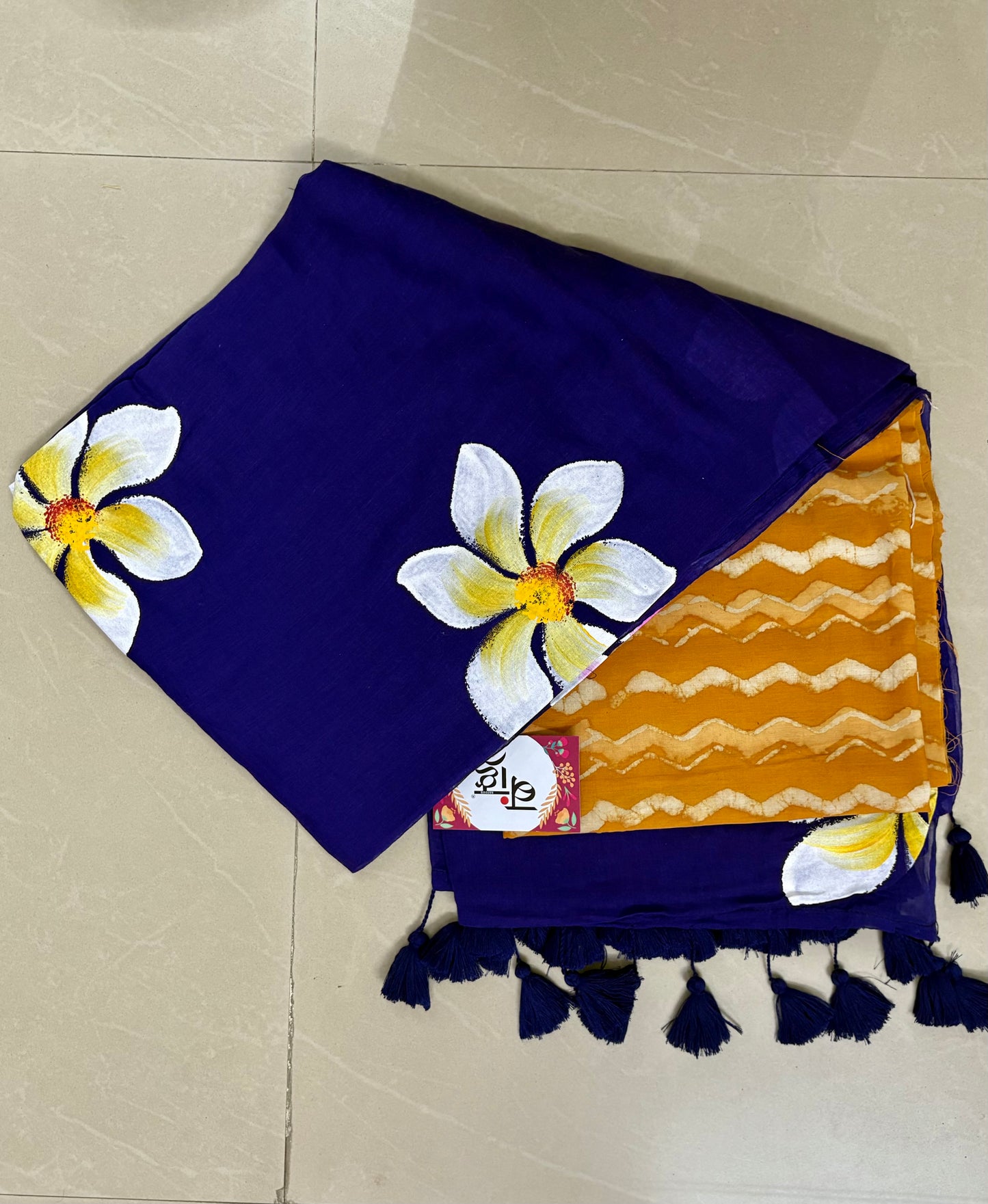 Hand Painted Mul Cotton Saree with Blouse | blue