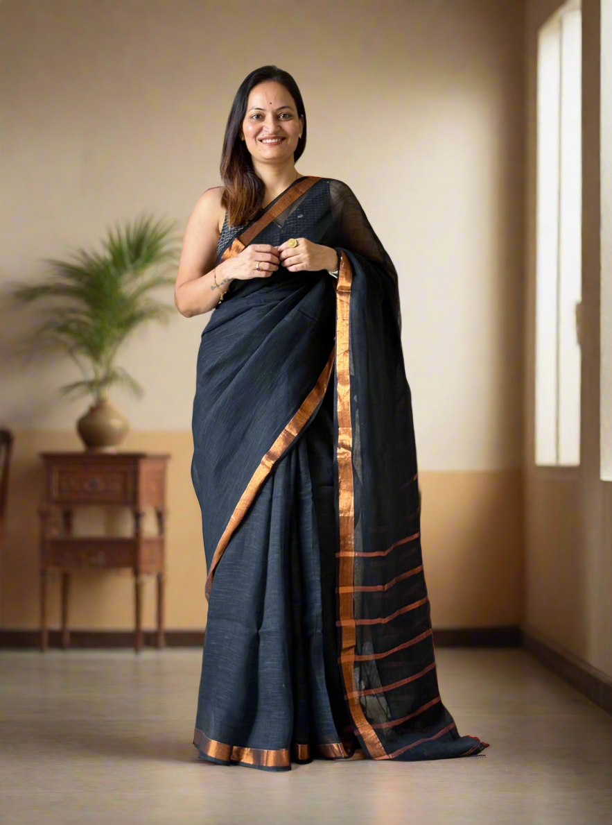 Black Linen By Linen Saree With Blouse