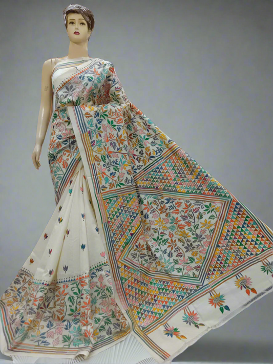 Off White Kantha Hand Embroidered Pure Tassar Silk Saree