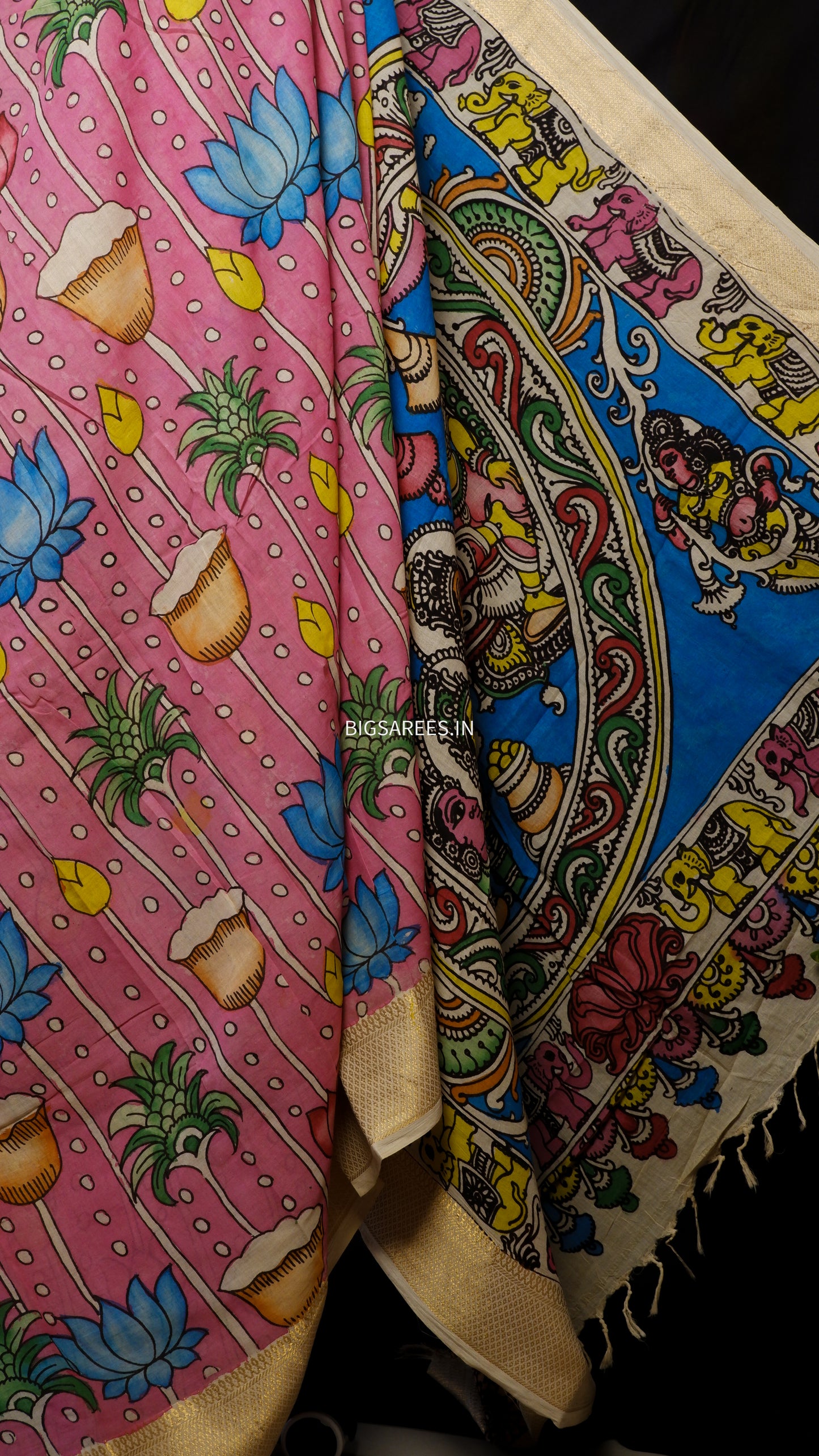 Pen Kalamkari hand painted pure cotton Saree with blouse