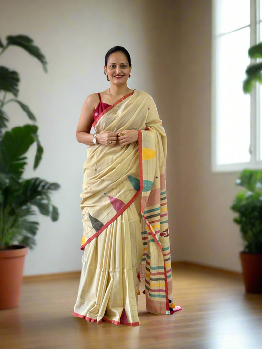 Pure Cotton handwoven Saree (Handloom Marked) - Beige