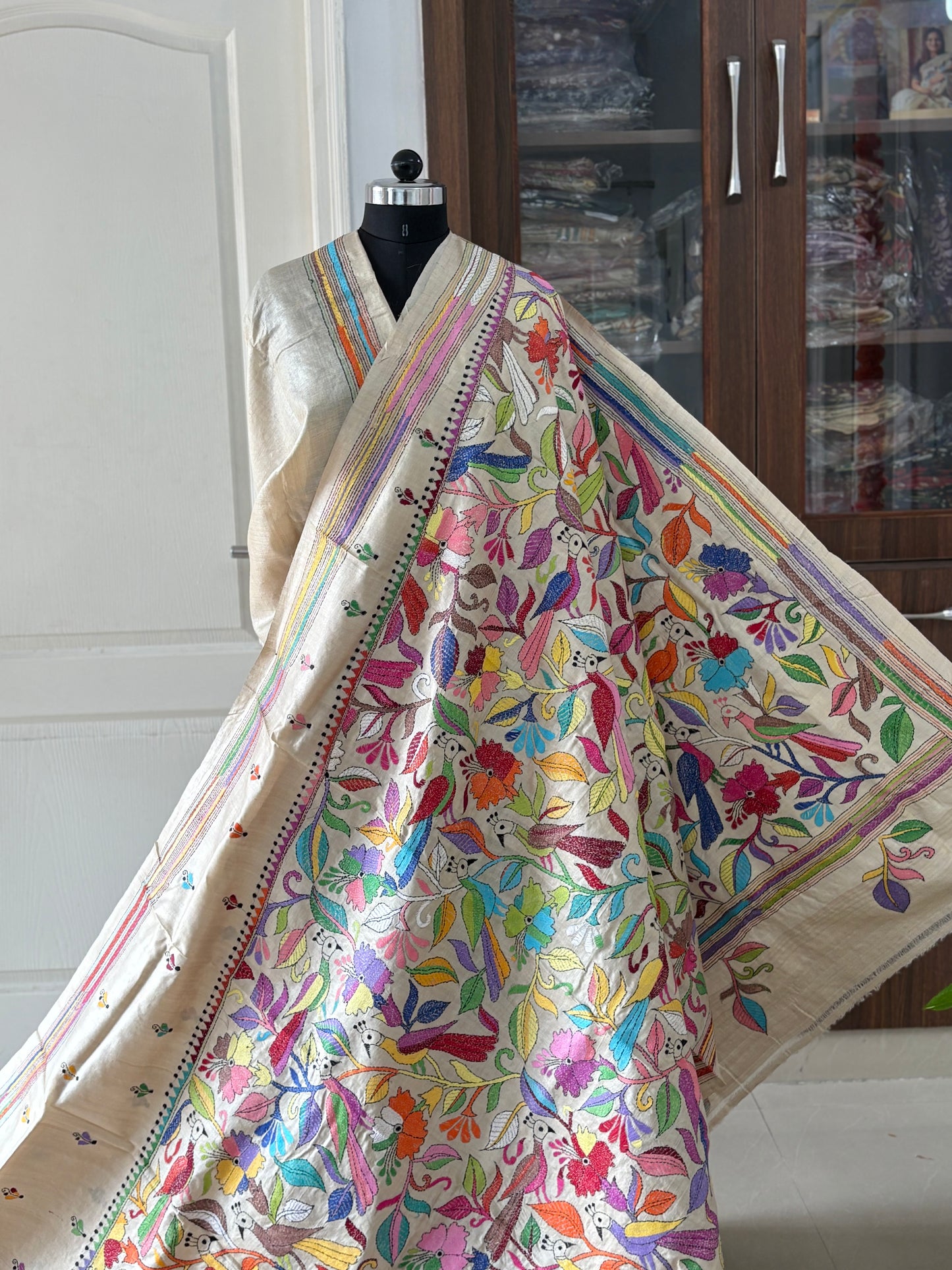 Kantha Stitch Hand Embroidered Pure Gachi Tussar Silk Saree (Silk Marked)