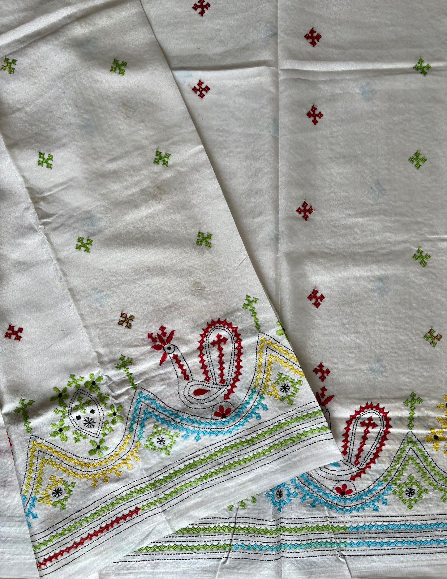 Gujrati Stitch/Kutch Hand Embroidered Art Silk Saree