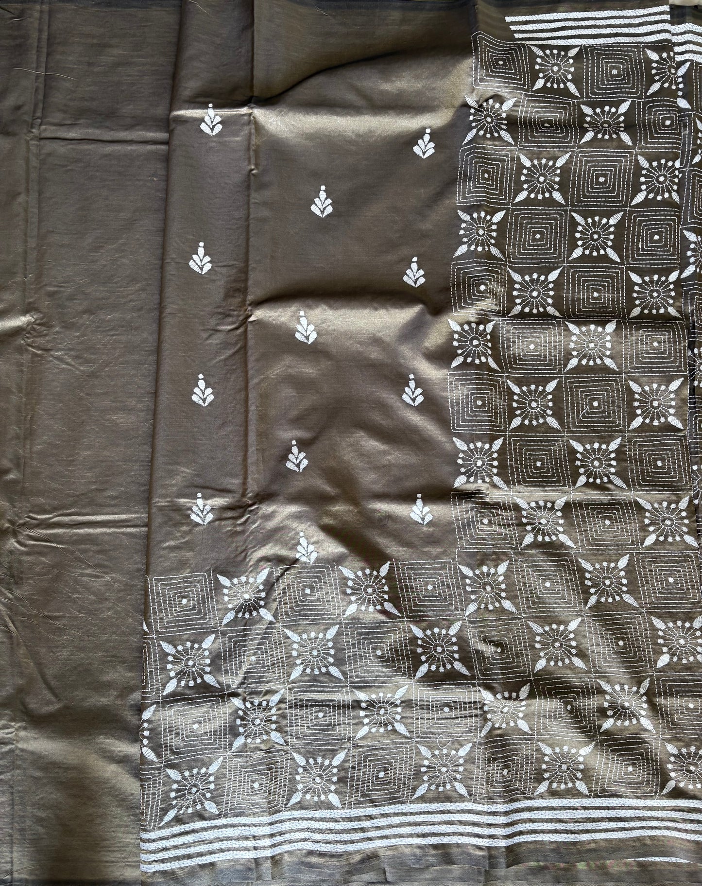 Hand embroidered Kantha stitch Saree in Art silk